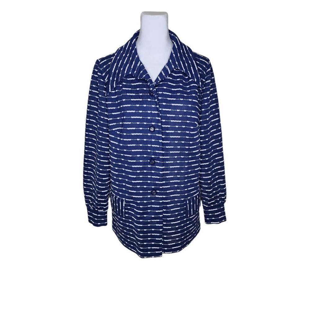 Vintage 70s Long Sleeve Button Up Shirt Womens Size L Blue Dagger Collar